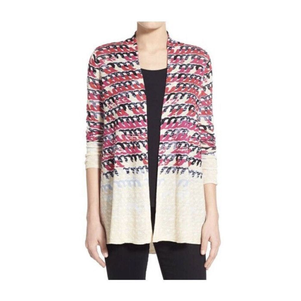 Nic+Zoe Linen Blend Cardigan Sweater Long Sleeve Sz PP‎ Coil Print Cream Pink